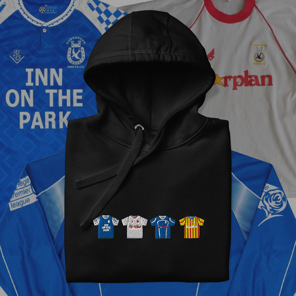 Dungannon Swifts Home & Away Retro Kit. Embroidered Hoodie